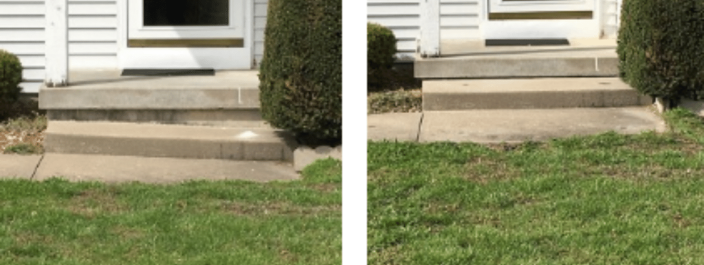 Before and after picture of raising concrete steps. First picture shows the steps leaning to the side. Second picture shows steps flat.