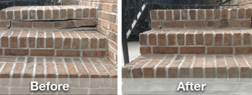 Before and after of raising brick steps with polypier.