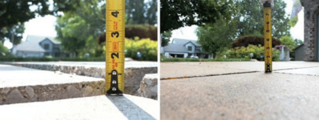 before and after pictures of raising concrete driveway slabs. First picture shows the slab a whole inch off. Second picture shows the slab flat.