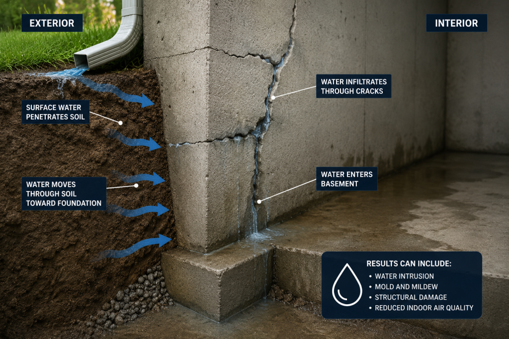 Example of where sealing and waterproofing using PolyPier is used: water infiltration through cracks in a foundation.