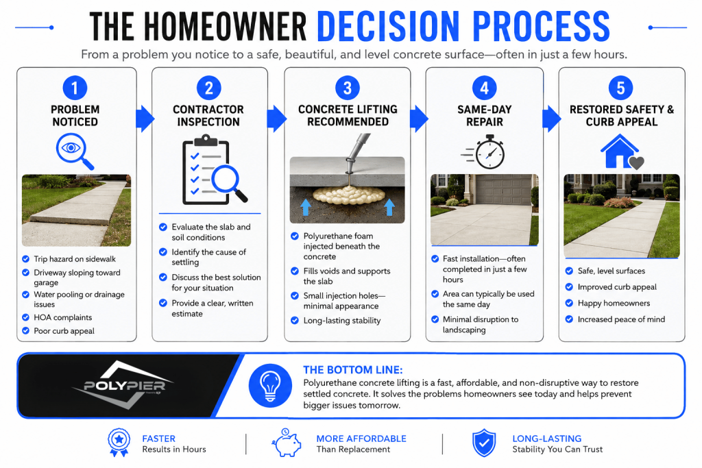 Infographic illustrating the homeowner decision process for polyurethane concrete lifting, from identifying uneven sidewalks and trip hazards to contractor inspection, foam lifting, same-day repair, and restored safety and curb appeal using PolyPier concrete lifting solutions.