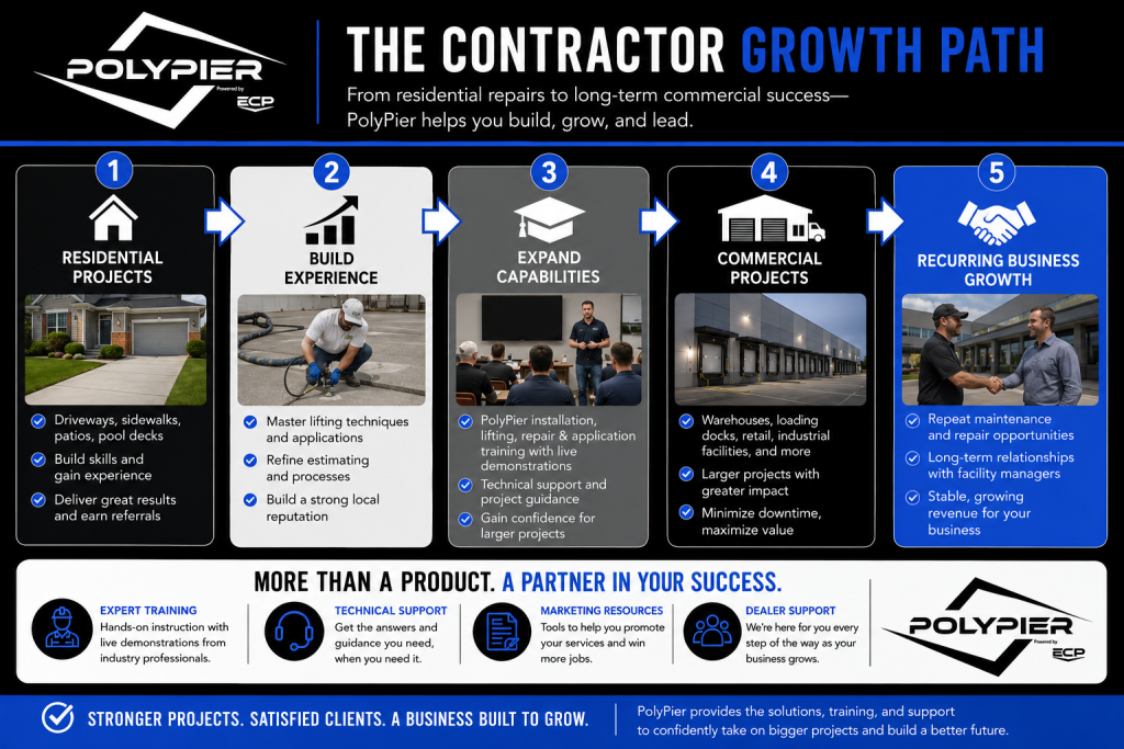 Infographic illustrating the contractor growth path from residential concrete lifting to commercial concrete repair, highlighting PolyPier training, polyurethane foam applications, technical support, and long-term business growth opportunities.